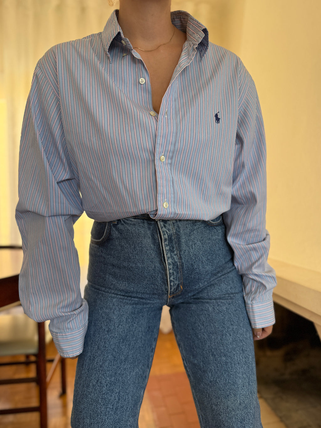 Camisa Polo Ralph Lauren Riscas Azul e Rosa | Oversized Vintage Preppy
