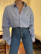 Camisa Polo Ralph Lauren Riscas Azul e Rosa | Oversized Vintage Preppy
