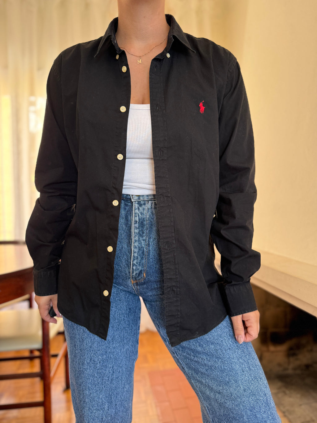 Camisa Polo Ralph Lauren Preta com Logo Vermelho | Button Down Vintage Classic