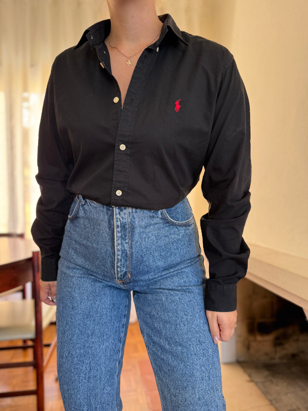 Camisa Polo Ralph Lauren Preta com Logo Vermelho | Button Down Vintage Classic