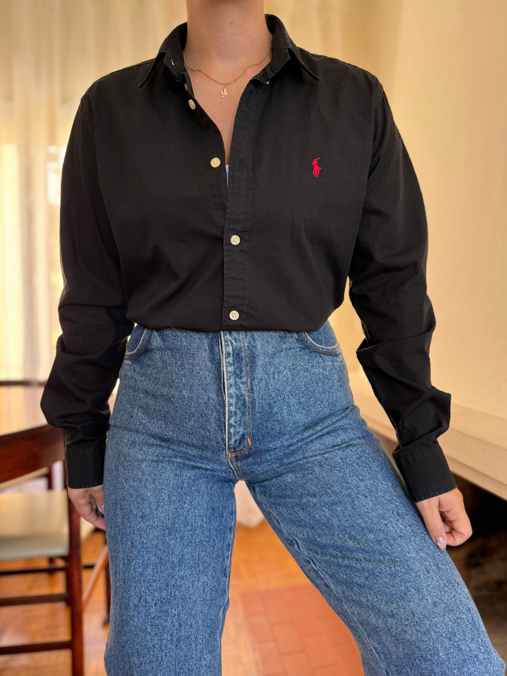 Camisa Polo Ralph Lauren Preta com Logo Vermelho | Button Down Vintage Classic
