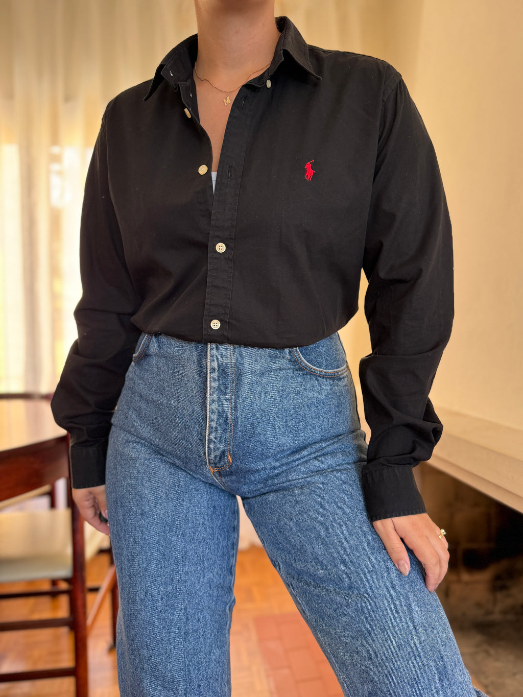 Camisa Polo Ralph Lauren Preta com Logo Vermelho | Button Down Vintage Classic
