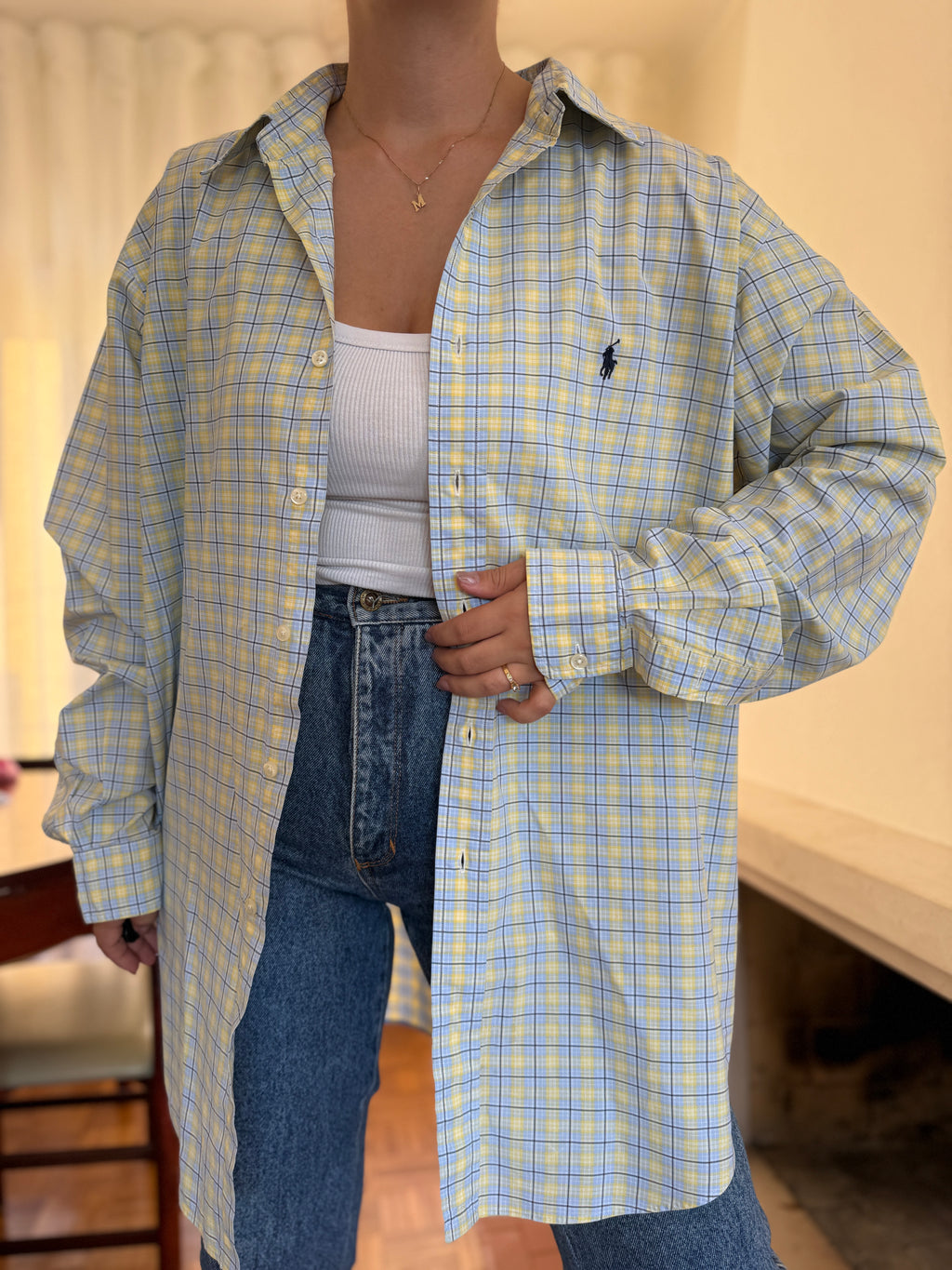 Camisa Polo Ralph Lauren Xadrez Amarelo e Azul | Oversized Vintage Preppy