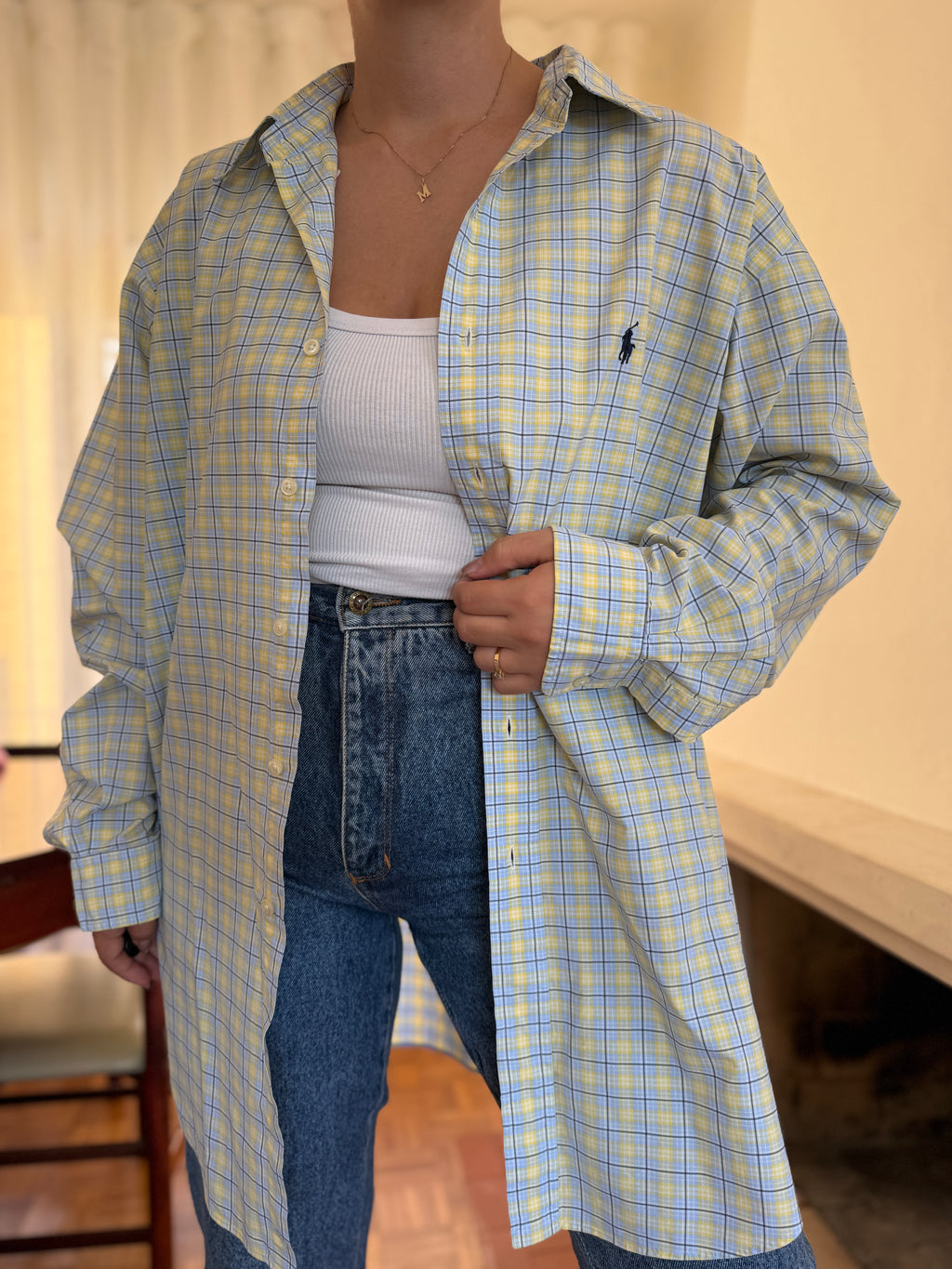 Camisa Polo Ralph Lauren Xadrez Amarelo e Azul | Oversized Vintage Preppy