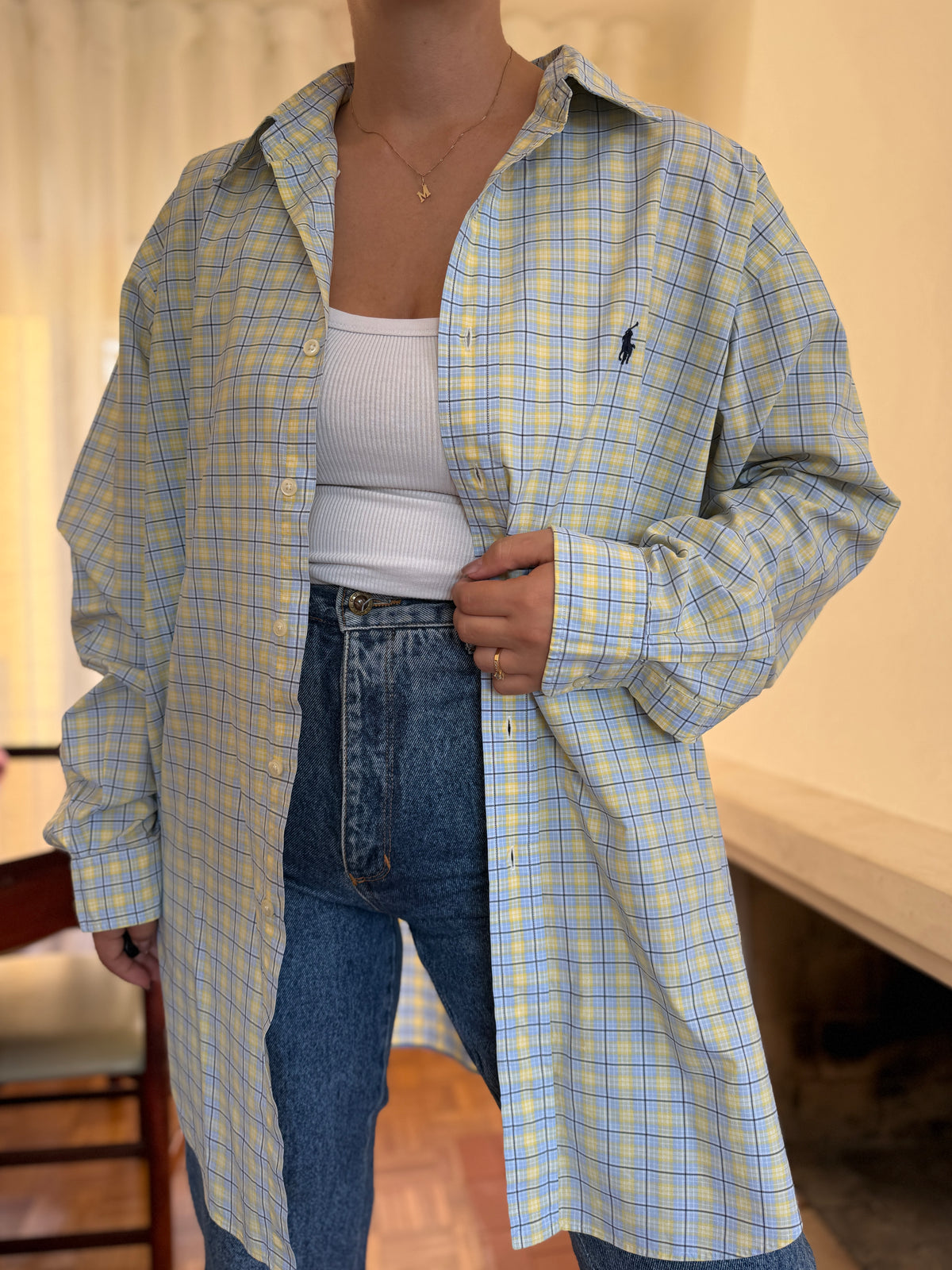 Camisa Polo Ralph Lauren Xadrez Amarelo e Azul | Oversized Vintage Preppy