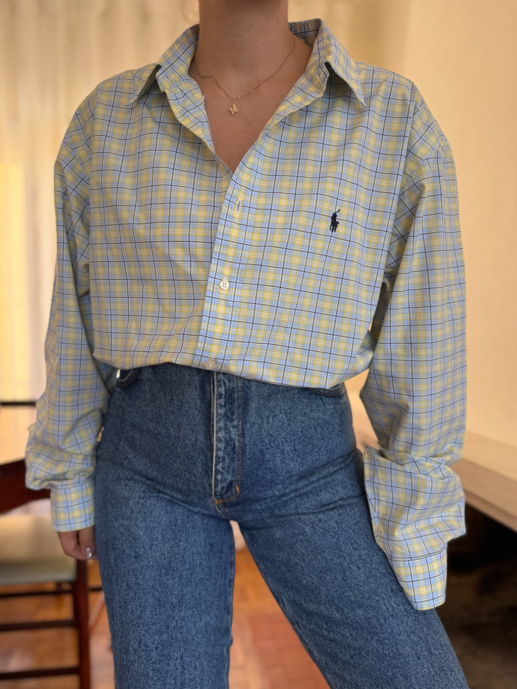Camisa Polo Ralph Lauren Xadrez Amarelo e Azul | Oversized Vintage Preppy