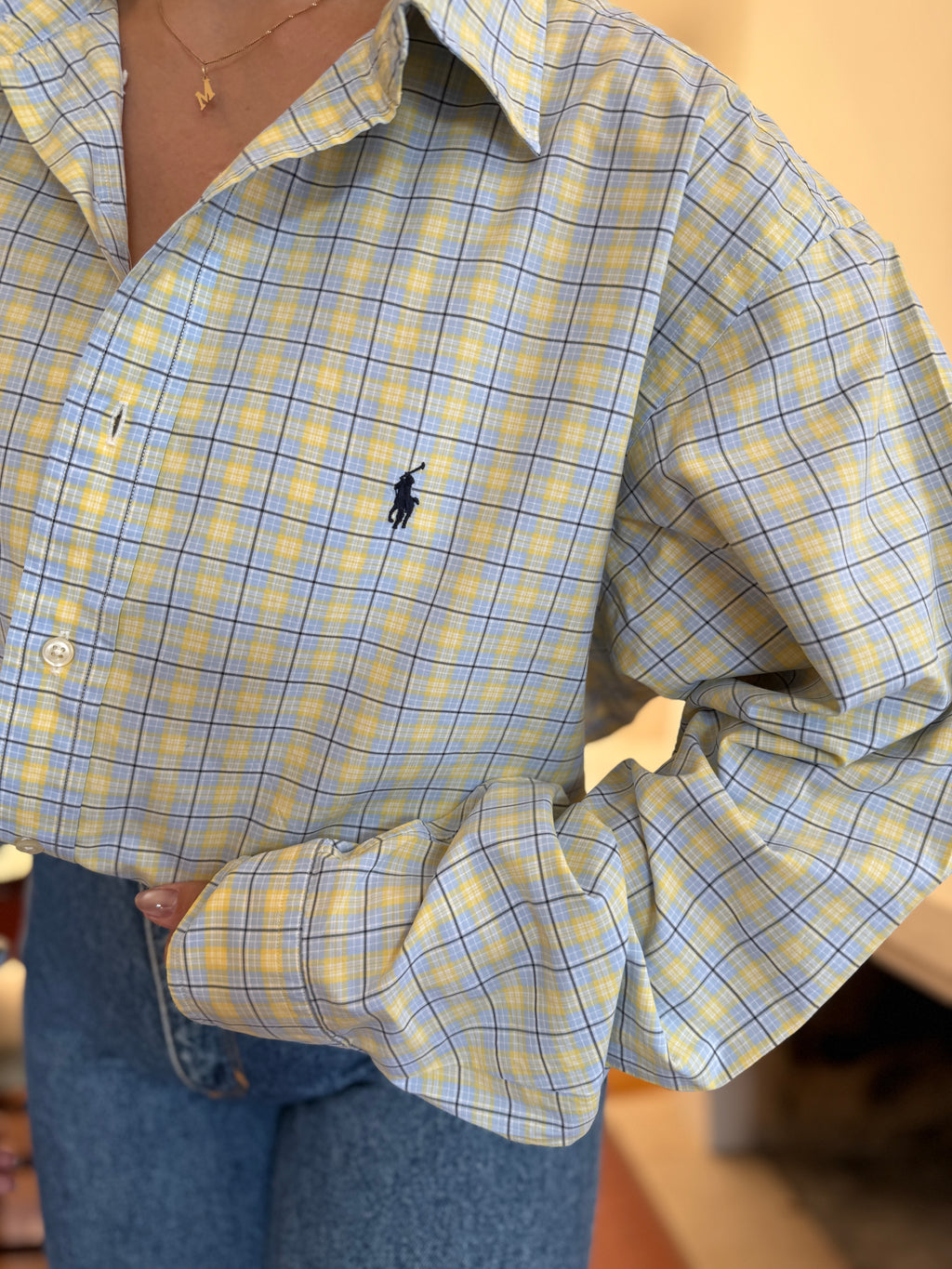 Camisa Polo Ralph Lauren Xadrez Amarelo e Azul | Oversized Vintage Preppy
