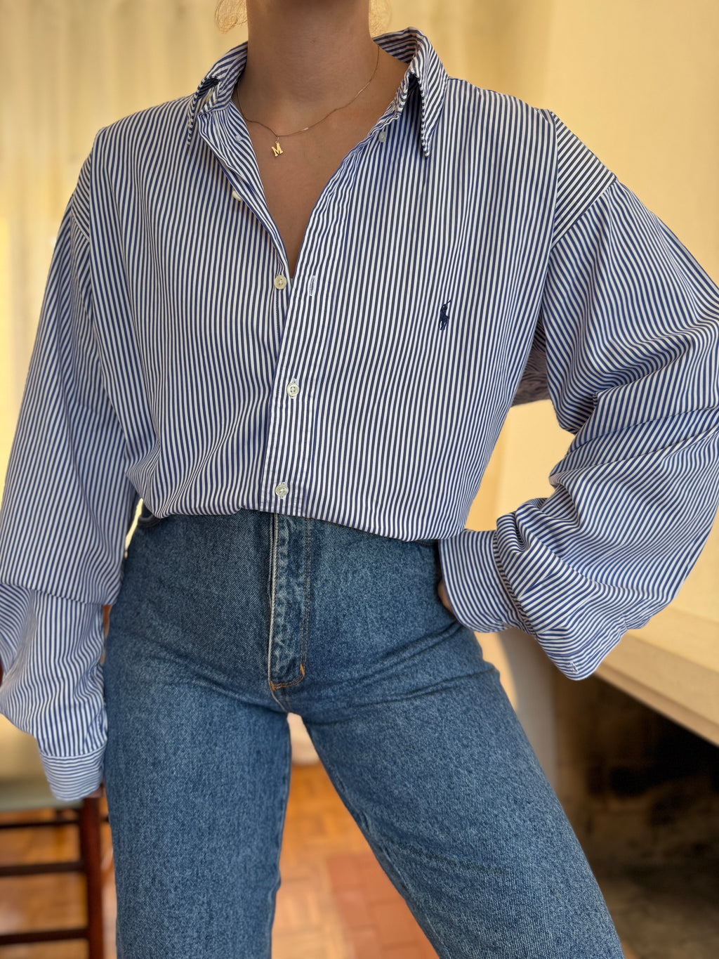 Camisa Ralph Lauren Riscas Azul Royal e Branco | Oversized Boyfriend Vintage