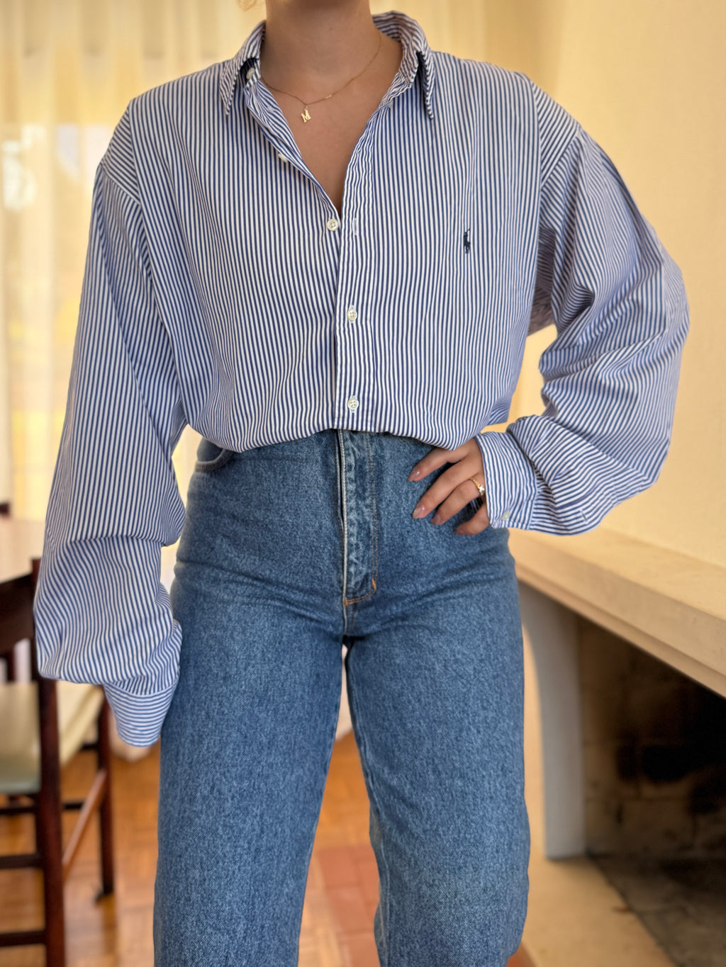 Camisa Ralph Lauren Riscas Azul Royal e Branco | Oversized Boyfriend Vintage