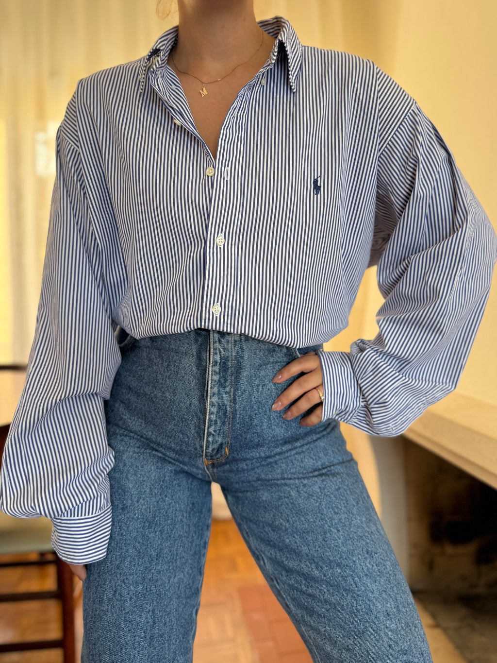Camisa Ralph Lauren Riscas Azul Royal e Branco | Oversized Boyfriend Vintage