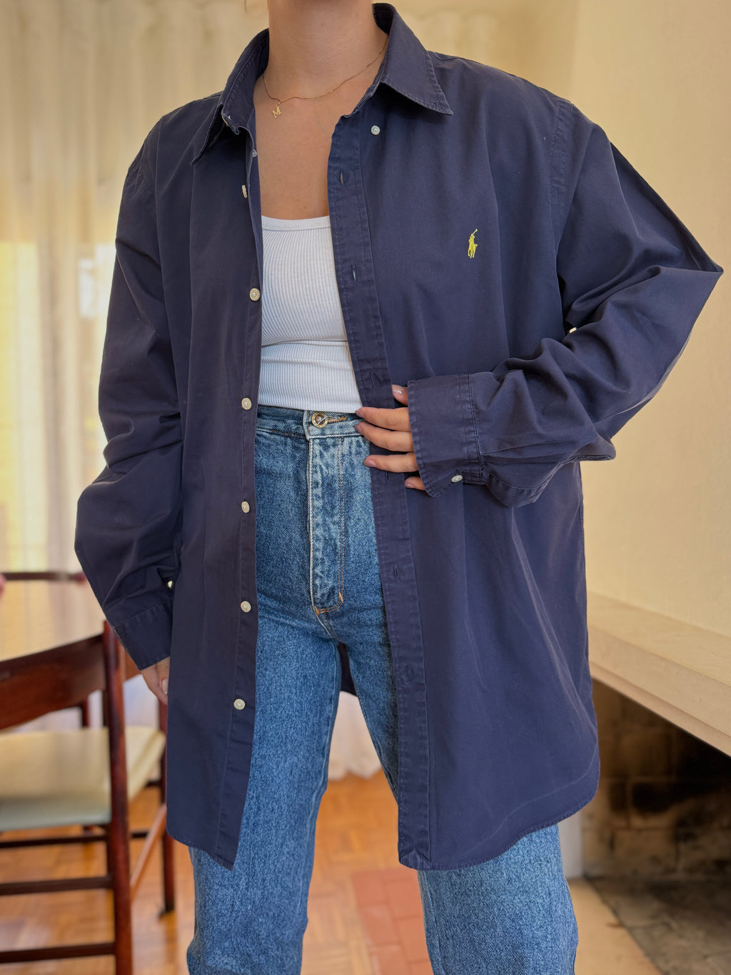 Camisa Ralph Lauren Azul Marinho Logo Amarelo | Oversized Vintage Preppy