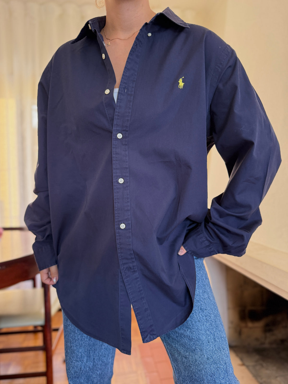 Camisa Ralph Lauren Azul Marinho Logo Amarelo | Oversized Vintage Preppy