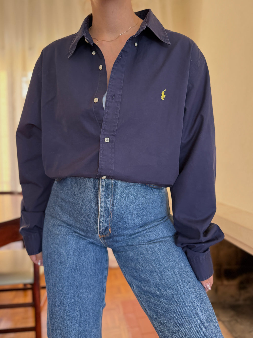 Camisa Ralph Lauren Azul Marinho Logo Amarelo | Oversized Vintage Preppy