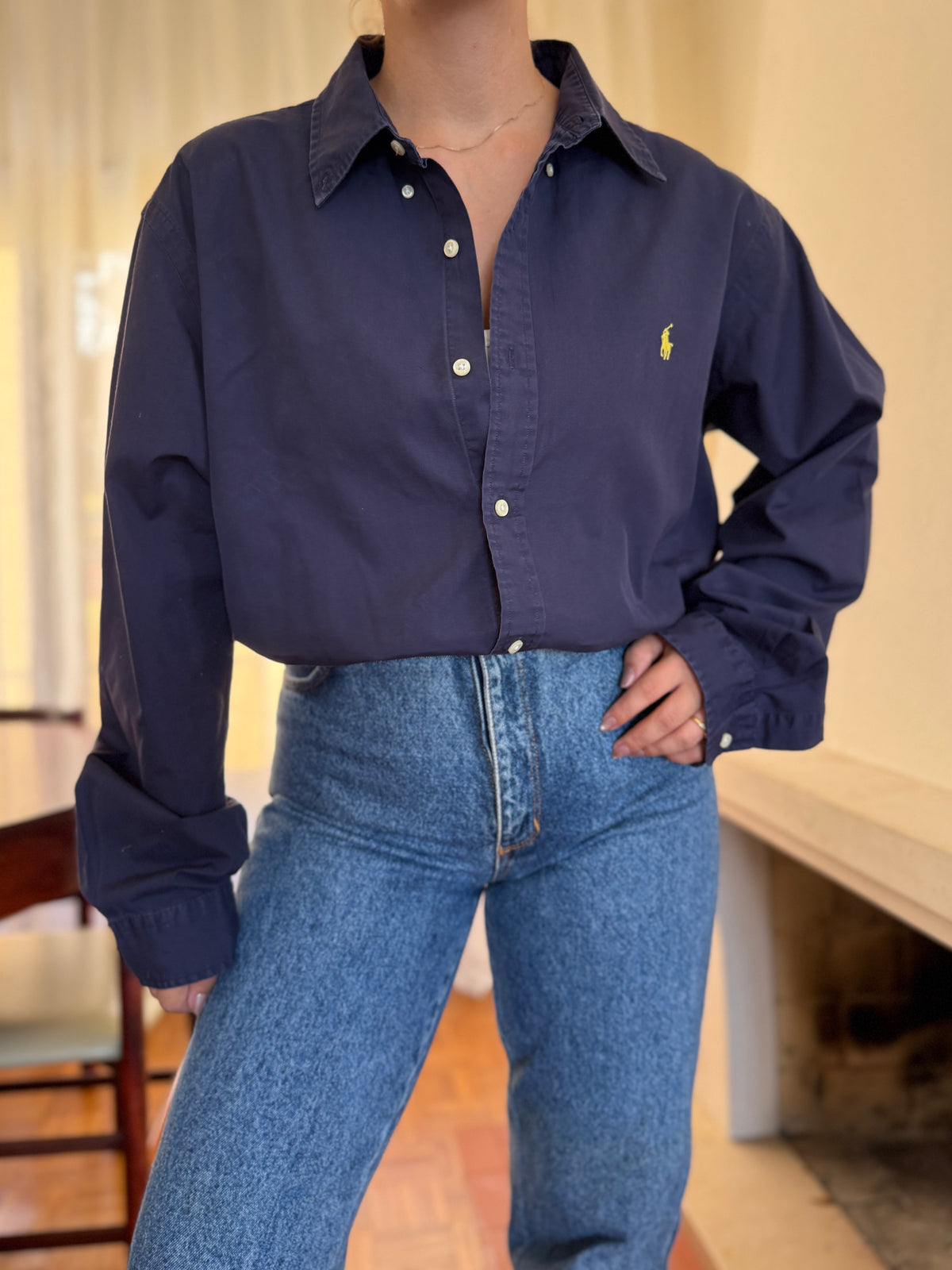 Camisa Ralph Lauren Azul Marinho Logo Amarelo | Oversized Vintage Preppy
