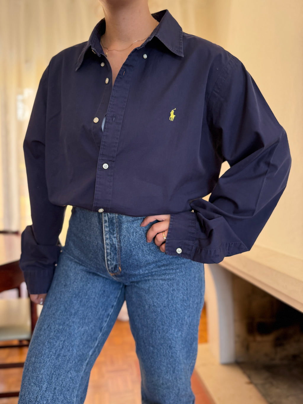 Camisa Ralph Lauren Azul Marinho Logo Amarelo | Oversized Vintage Preppy