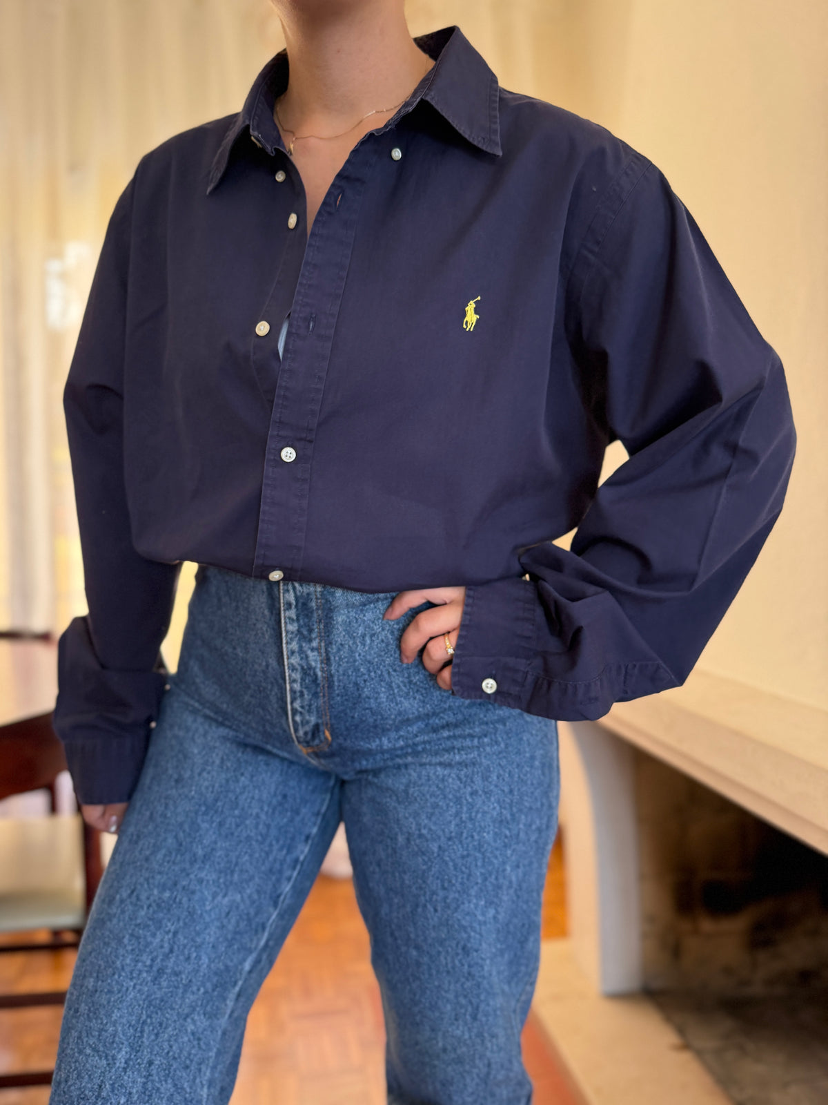 Camisa Ralph Lauren Azul Marinho Logo Amarelo | Oversized Vintage Preppy