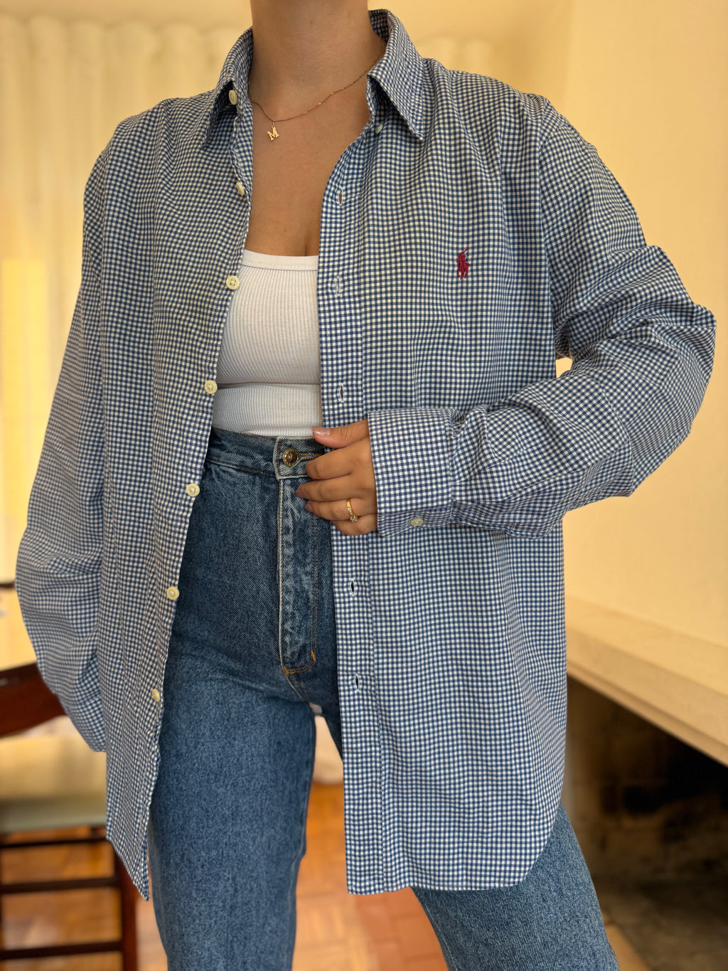 Camisa Ralph Lauren Xadrez Vichy Azul e Branco | Oversized Vintage Preppy