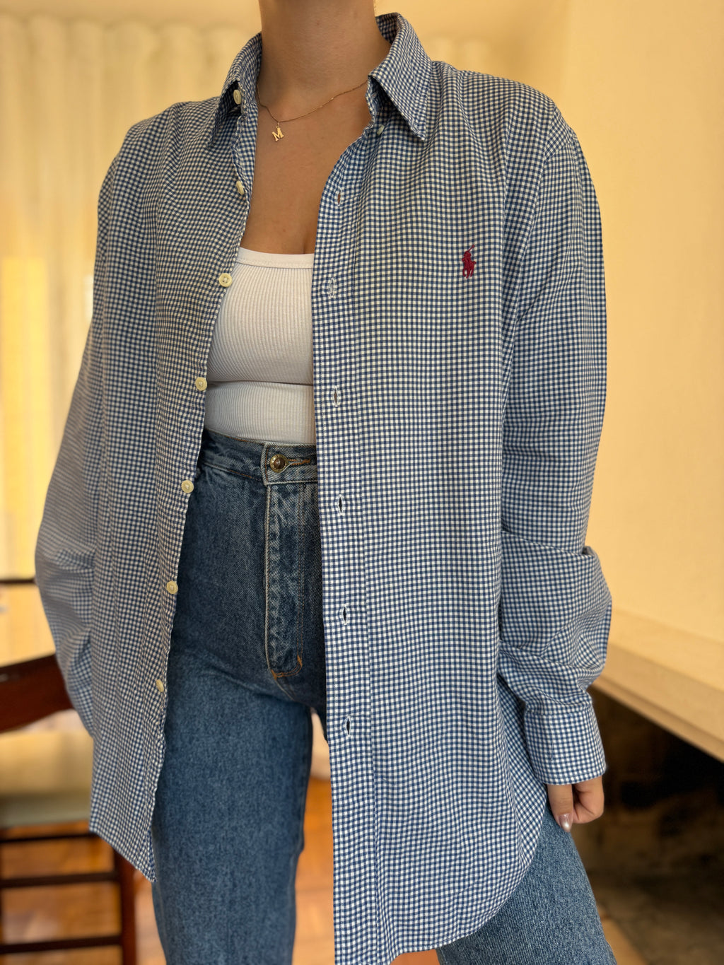 Camisa Ralph Lauren Xadrez Vichy Azul e Branco | Oversized Vintage Preppy