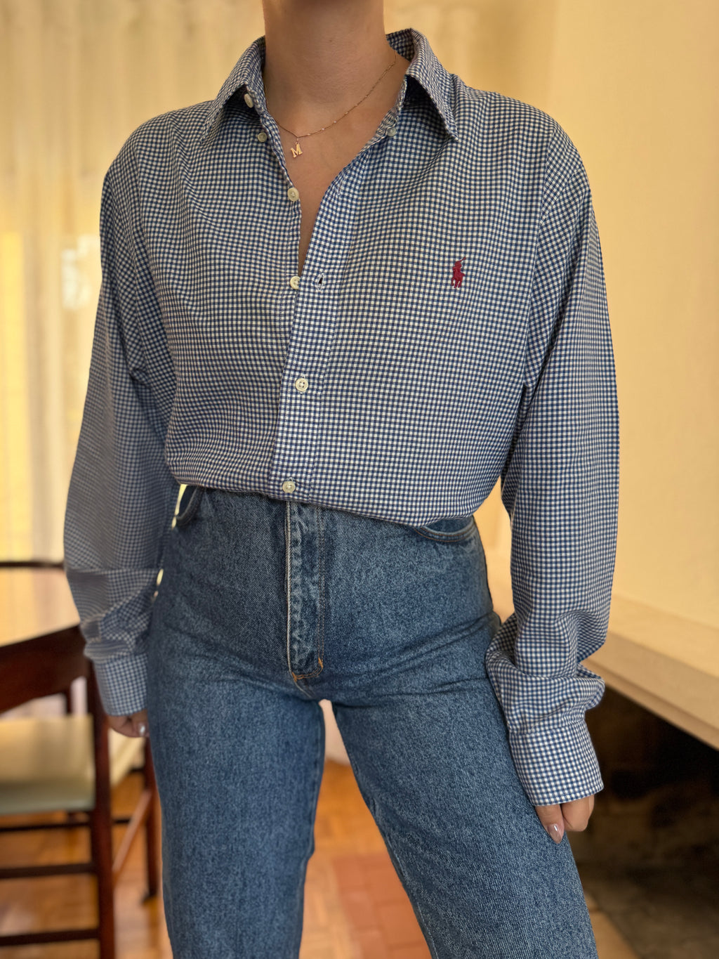 Camisa Ralph Lauren Xadrez Vichy Azul e Branco | Oversized Vintage Preppy
