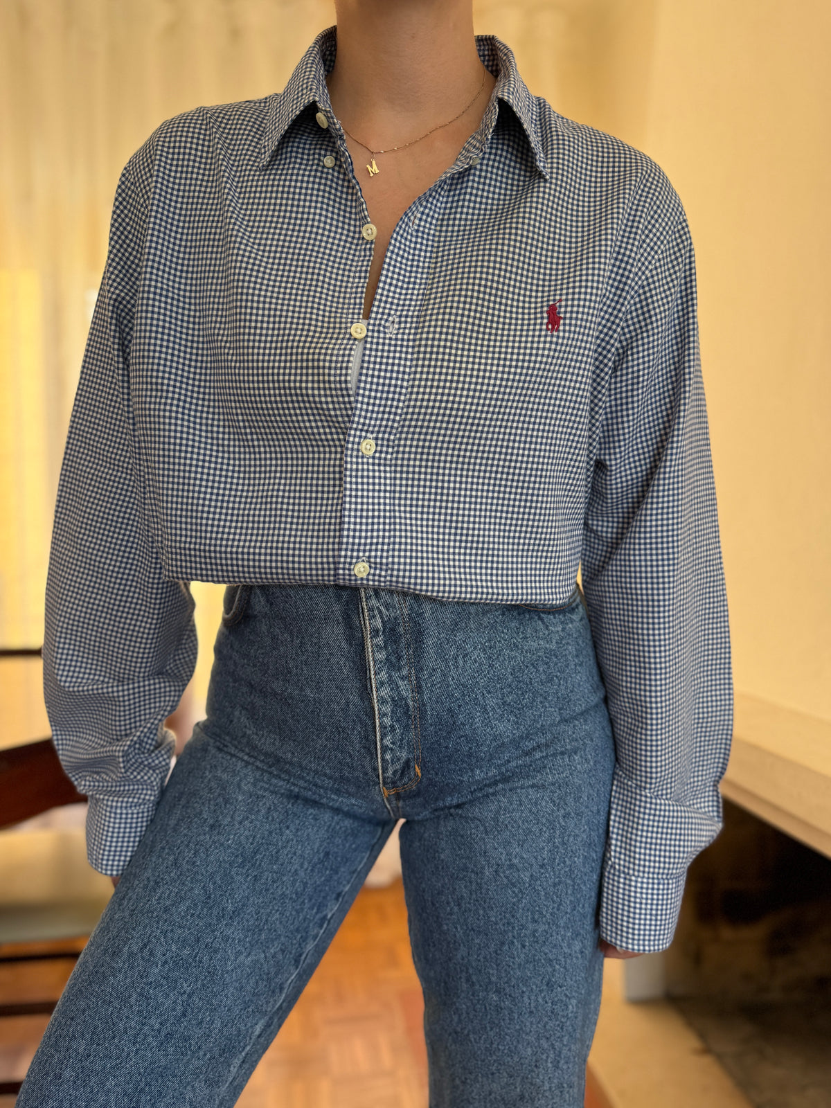 Camisa Ralph Lauren Xadrez Vichy Azul e Branco | Oversized Vintage Preppy