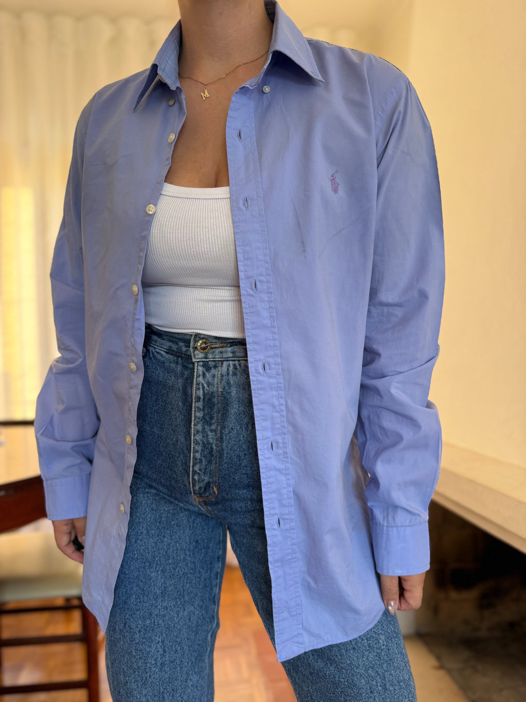 Camisa Ralph Lauren Azul Lavanda Lisa | Logo Lilás Oversized Preppy