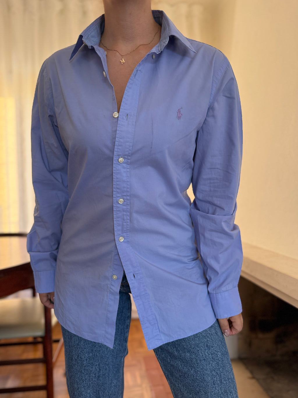 Camisa Ralph Lauren Azul Lavanda Lisa | Logo Lilás Oversized Preppy