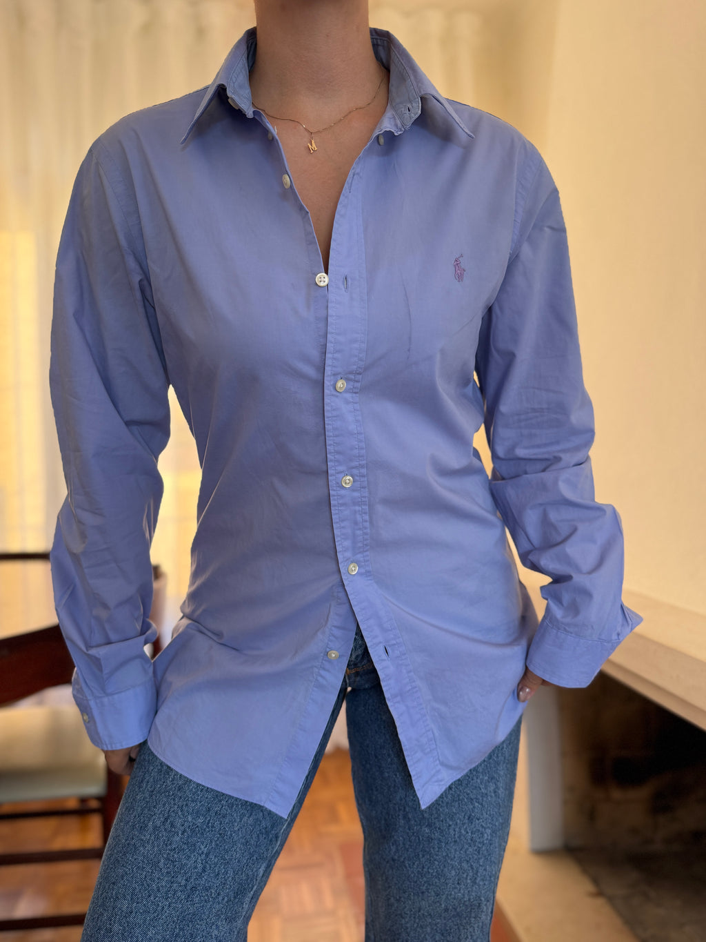Camisa Ralph Lauren Azul Lavanda Lisa | Logo Lilás Oversized Preppy