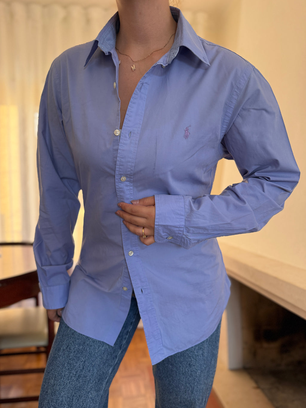 Camisa Ralph Lauren Azul Lavanda Lisa | Logo Lilás Oversized Preppy