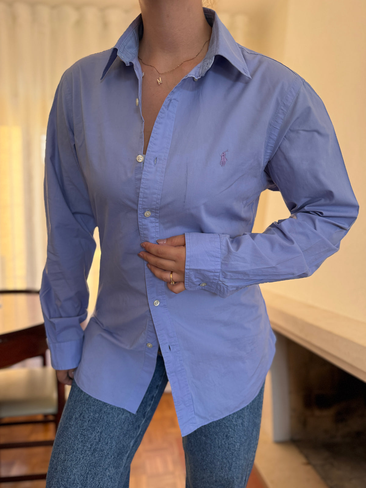 Camisa Ralph Lauren Azul Lavanda Lisa | Logo Lilás Oversized Preppy