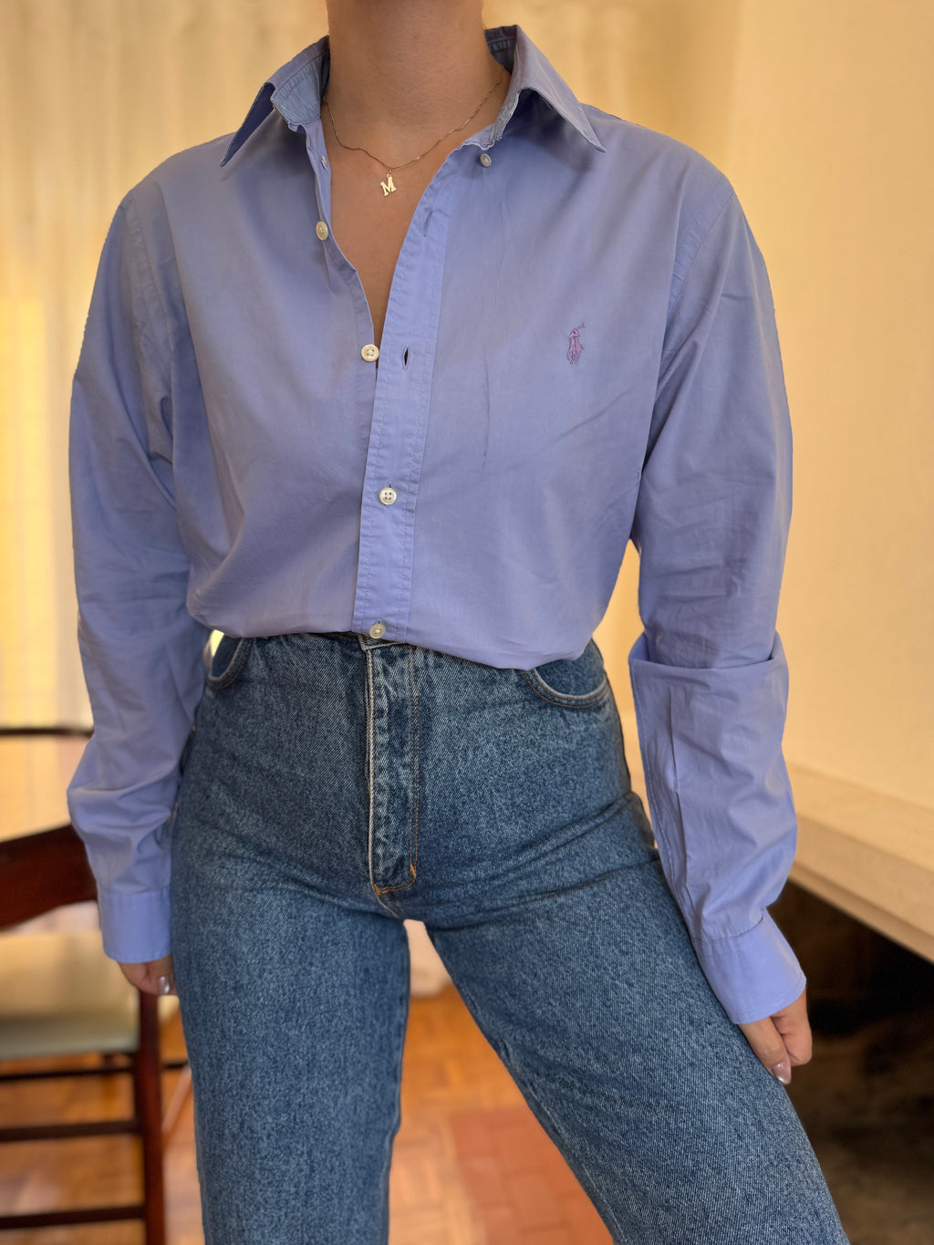 Camisa Ralph Lauren Azul Lavanda Lisa | Logo Lilás Oversized Preppy