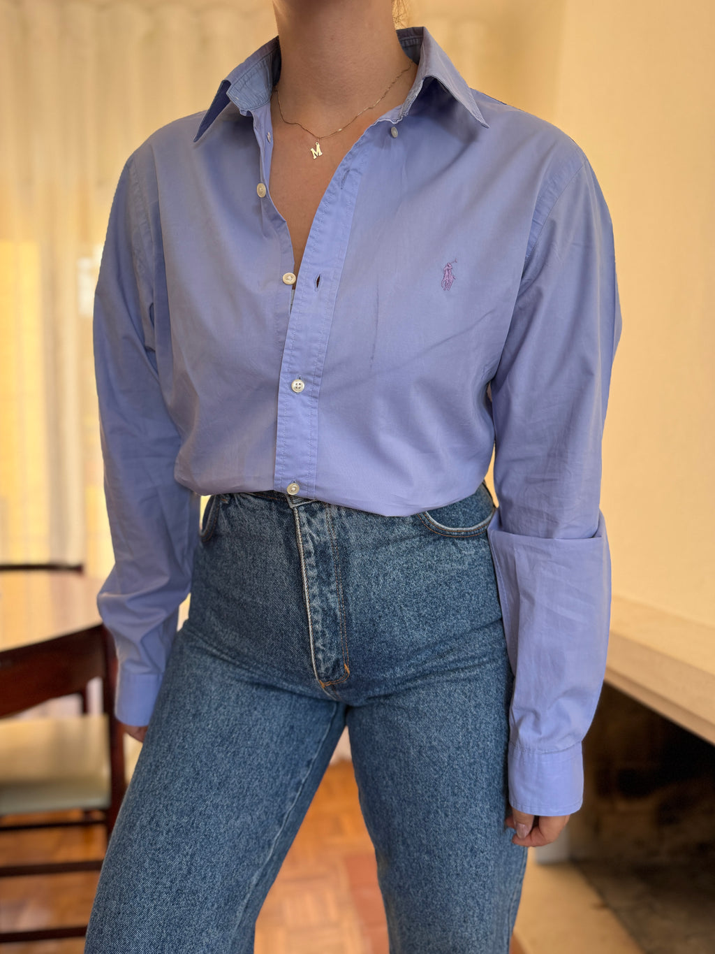 Camisa Ralph Lauren Azul Lavanda Lisa | Logo Lilás Oversized Preppy
