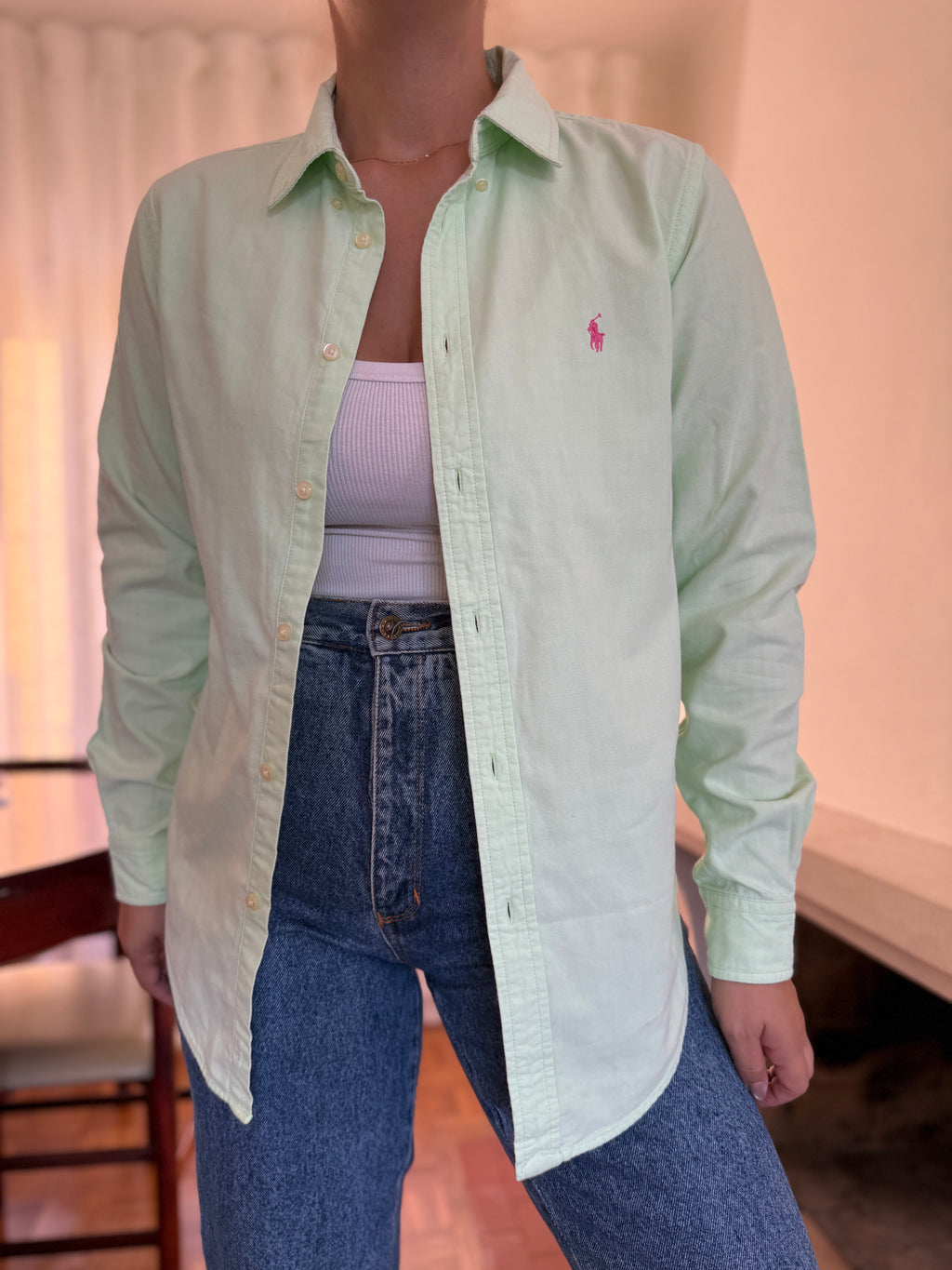 Camisa Ralph Lauren Verde Menta Oxford | Logo Rosa Preppy Classic