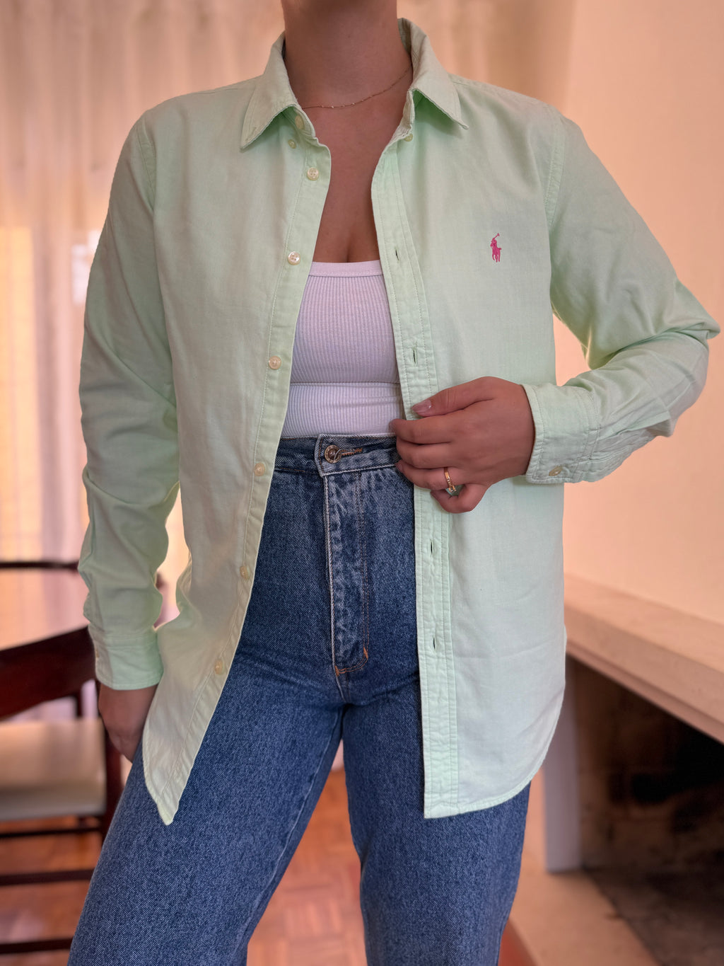 Camisa Ralph Lauren Verde Menta Oxford | Logo Rosa Preppy Classic