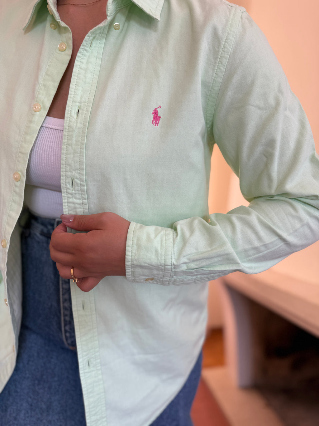 Camisa Ralph Lauren Verde Menta Oxford | Logo Rosa Preppy Classic