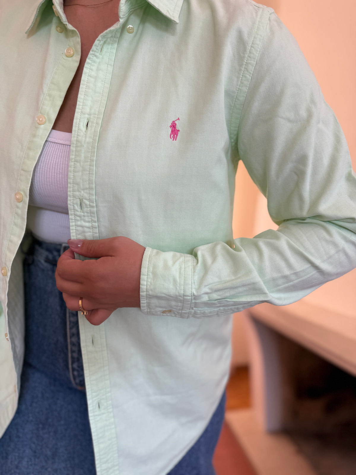 Camisa Ralph Lauren Verde Menta Oxford | Logo Rosa Preppy Classic