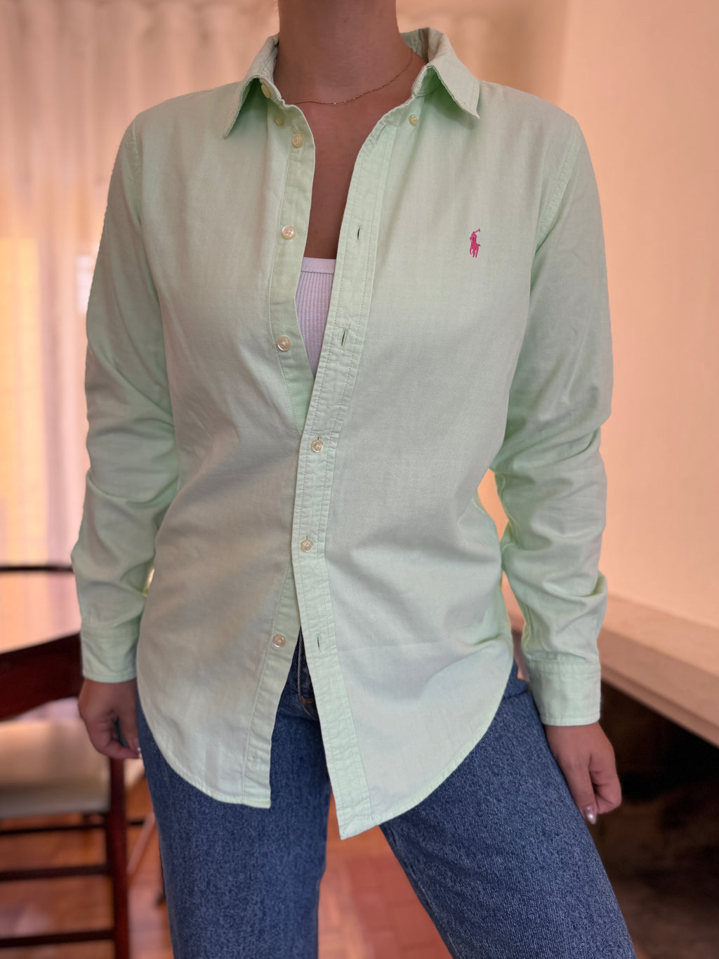 Camisa Ralph Lauren Verde Menta Oxford | Logo Rosa Preppy Classic