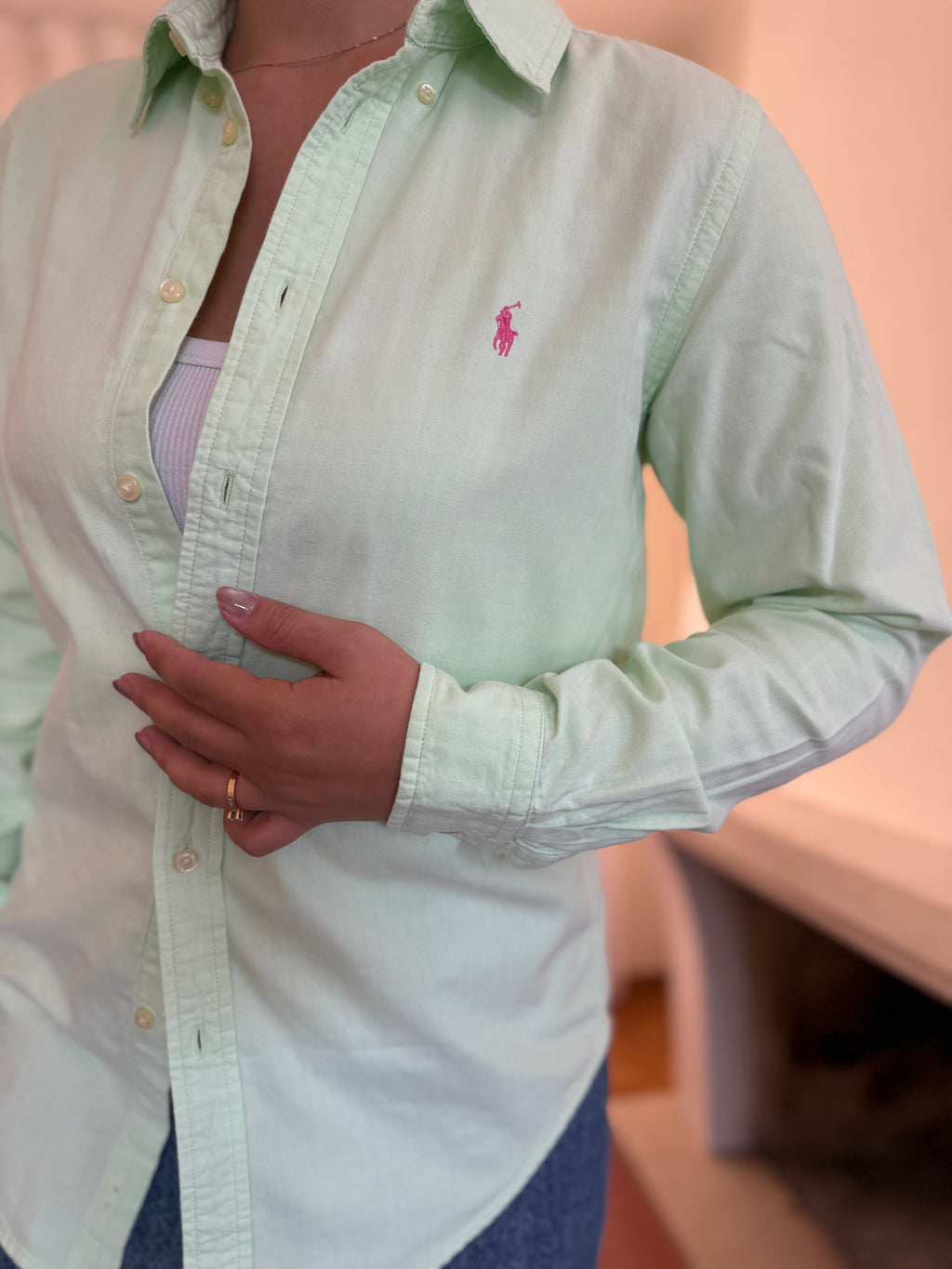 Camisa Ralph Lauren Verde Menta Oxford | Logo Rosa Preppy Classic