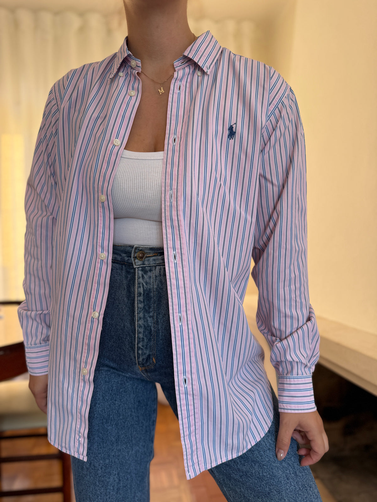Camisa Ralph Lauren Riscas Rosa e Azul | Oversized Preppy Classic