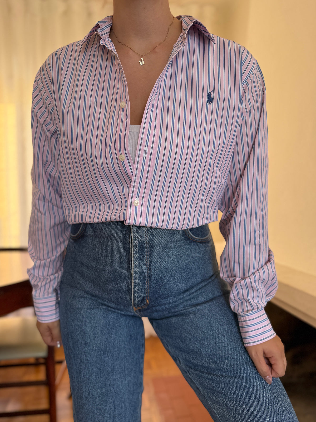 Camisa Ralph Lauren Riscas Rosa e Azul | Oversized Preppy Classic