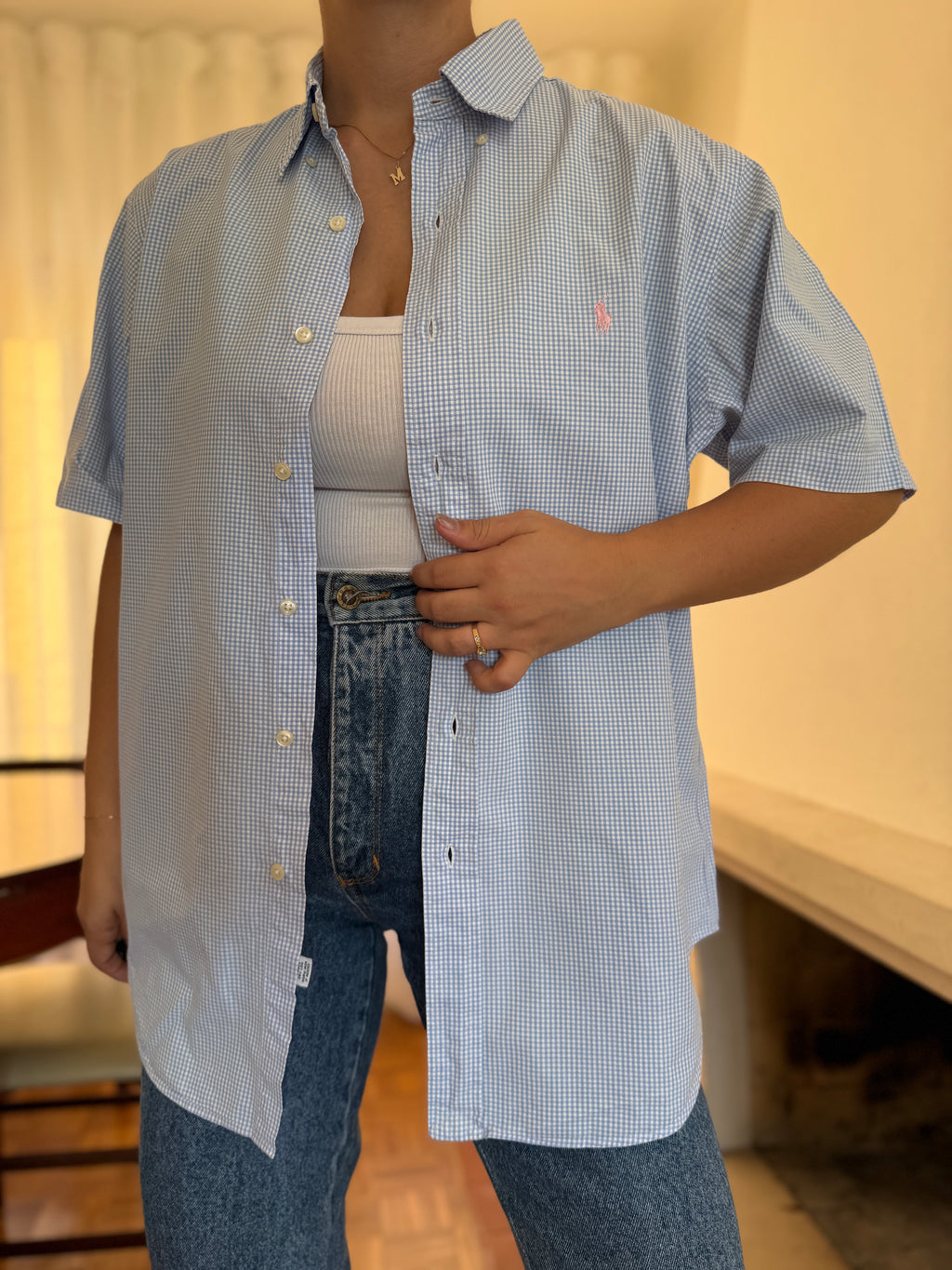 Camisa Ralph Lauren Manga Curta Vichy Azul Claro | Logo Rosa Oversized Preppy