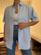 Camisa Ralph Lauren Manga Curta Vichy Azul Claro | Logo Rosa Oversized Preppy