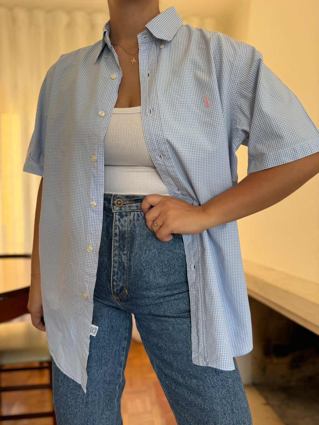 Camisa Ralph Lauren Manga Curta Vichy Azul Claro | Logo Rosa Oversized Preppy