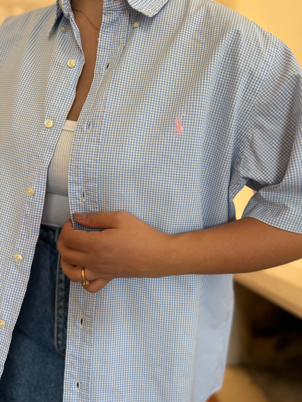 Camisa Ralph Lauren Manga Curta Vichy Azul Claro | Logo Rosa Oversized Preppy
