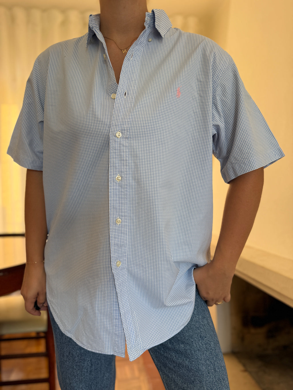 Camisa Ralph Lauren Manga Curta Vichy Azul Claro | Logo Rosa Oversized Preppy