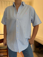 Camisa Ralph Lauren Manga Curta Vichy Azul Claro | Logo Rosa Oversized Preppy