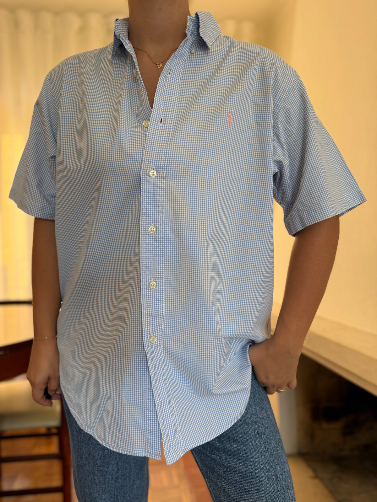Camisa Ralph Lauren Manga Curta Vichy Azul Claro | Logo Rosa Oversized Preppy