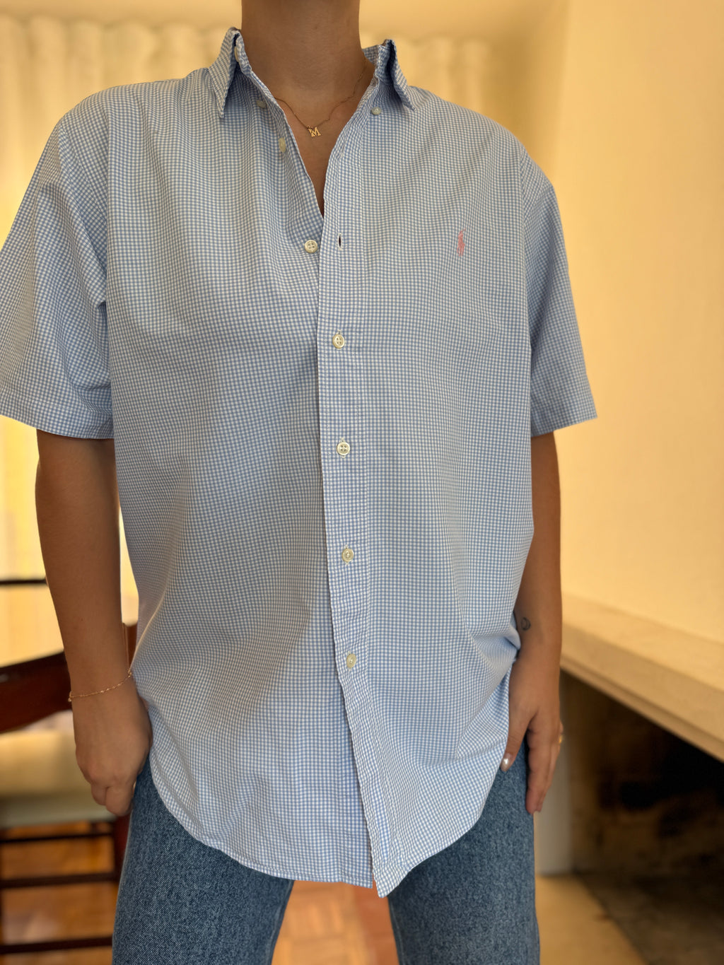 Camisa Ralph Lauren Manga Curta Vichy Azul Claro | Logo Rosa Oversized Preppy