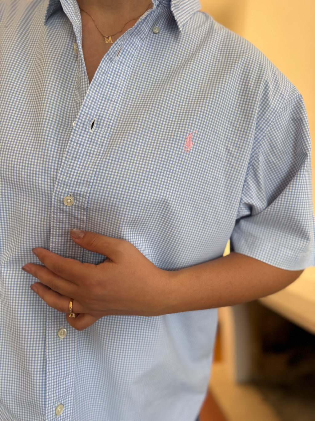 Camisa Ralph Lauren Manga Curta Vichy Azul Claro | Logo Rosa Oversized Preppy