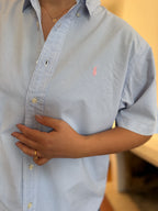 Camisa Ralph Lauren Manga Curta Vichy Azul Claro | Logo Rosa Oversized Preppy