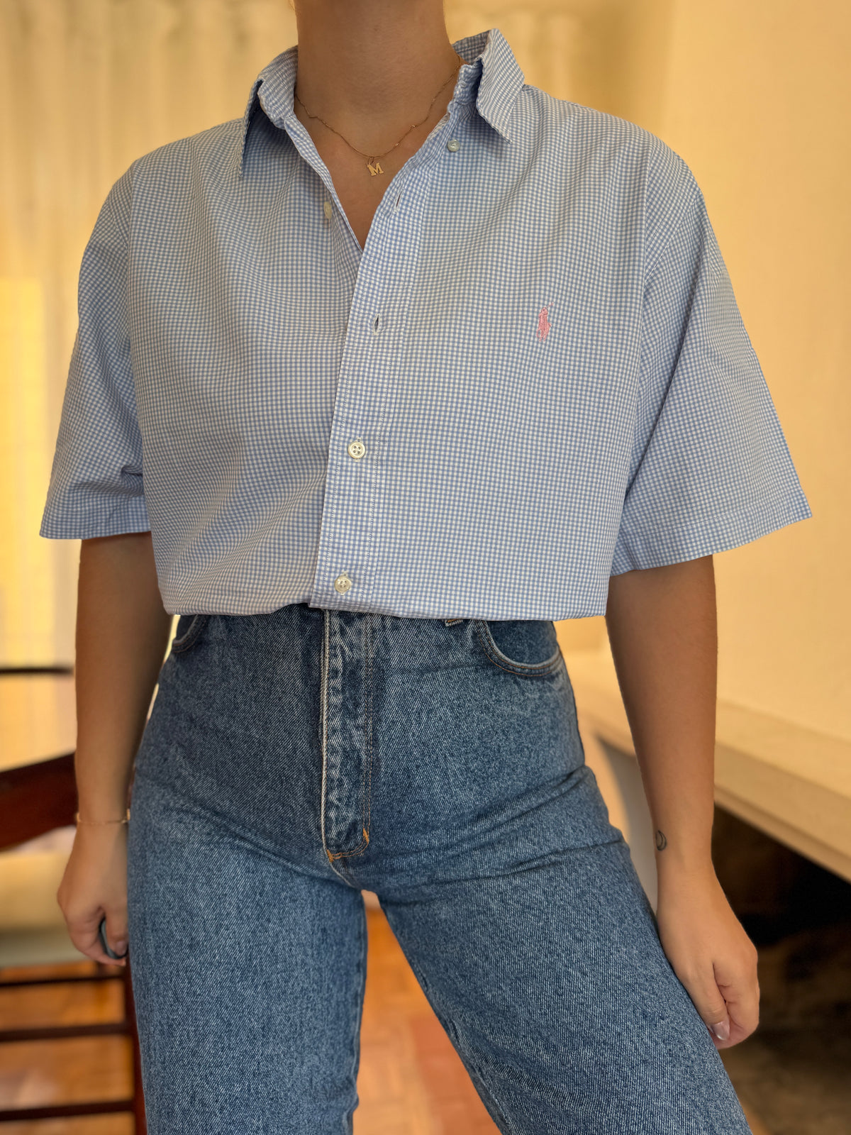 Camisa Ralph Lauren Manga Curta Vichy Azul Claro | Logo Rosa Oversized Preppy